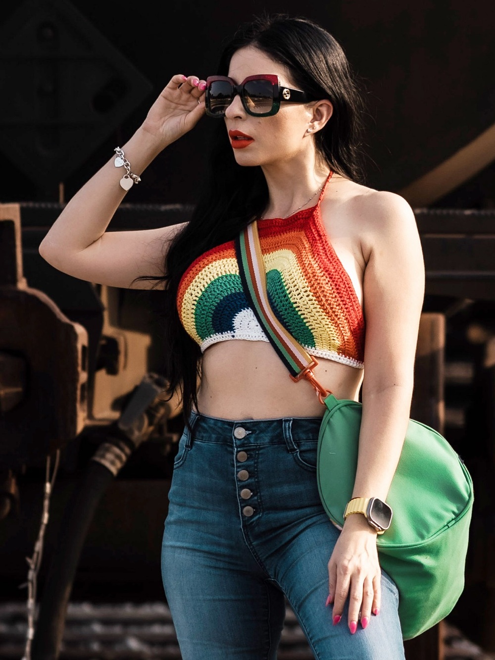 Gucci Glitter Trim Oversized Sunglasses - Red, Black & Green